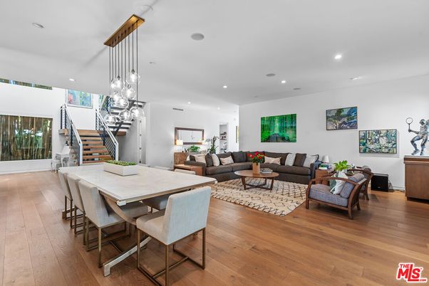 Dining room, Interior, Living room, Pendant Lights, Recessed Lighting, Wood Texture Flooring