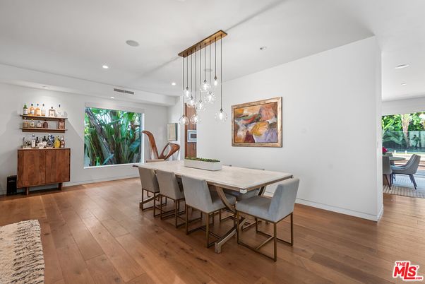 Dining room, Interior, Pendant Lights, Recessed Lighting, Wood Texture Flooring