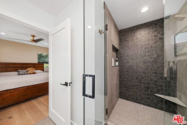 Bathroom, Bedroom, Glass Shower, Interior, Recessed Lighting, Wood Texture Flooring
