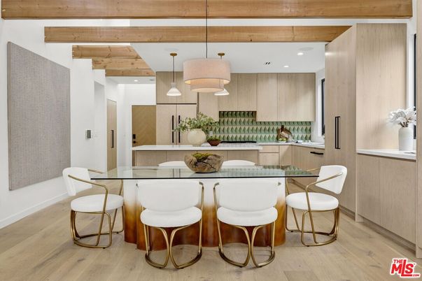 Dining room, Interior, Kitchen, Pendant Lights, Recessed Lighting, Wooden Beams, Wood Texture Flooring