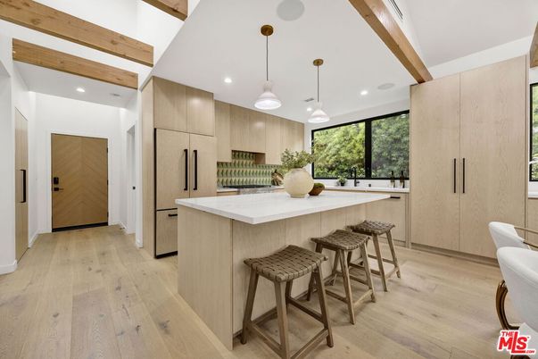 Interior, Kitchen, Pendant Lights, Recessed Lighting, Stainless Steel Appliances, Wooden Beams, Wood Texture Flooring