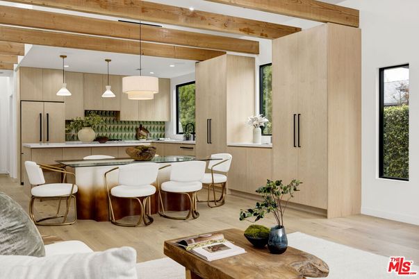Dining room, Interior, Kitchen, Pendant Lights, Recessed Lighting, Wooden Beams, Wood Texture Flooring