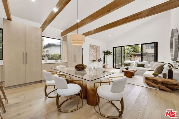 Dining room, Interior, Living room, Pendant Lights, Recessed Lighting, Wooden Beams, Wood Texture Flooring