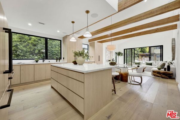 Interior, Kitchen, Living room, Pendant Lights, Recessed Lighting, Wooden Beams, Wood Texture Flooring