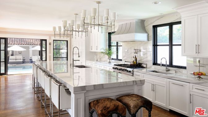 Chandelier, Interior, Kitchen, Pendant Lights, Recessed Lighting, Stainless Steel Appliances, Wood Texture Flooring