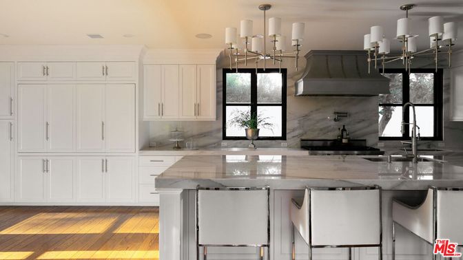 Chandelier, Interior, Kitchen, Marble Walls, Wood Texture Flooring