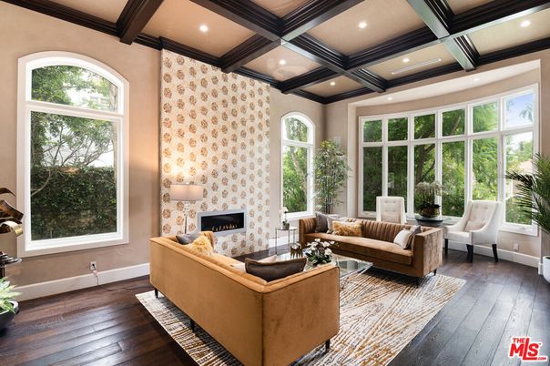 Fireplace, Interior, Living room, Recessed Lighting, Wooden Beams, Wood Texture Flooring