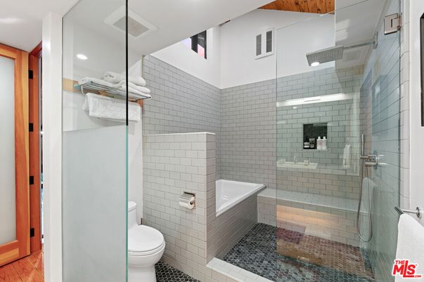 Bathroom, Glass Shower, Interior, Recessed Lighting, Wood Texture Flooring
