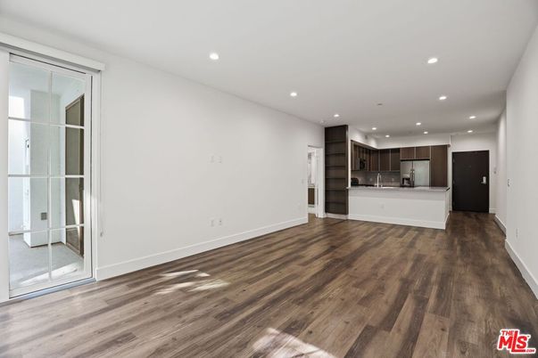 Empty room, Interior, Kitchen, Recessed Lighting, Wood Texture Flooring