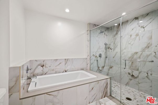 Bathroom, Glass Shower, Interior, Marble Walls, Recessed Lighting
