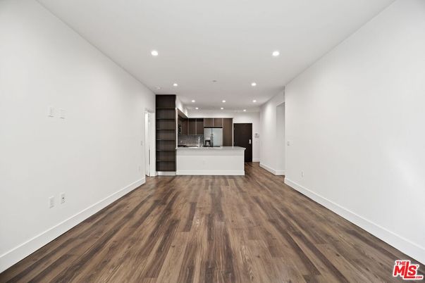 Empty room, Interior, Kitchen, Recessed Lighting, Wood Texture Flooring