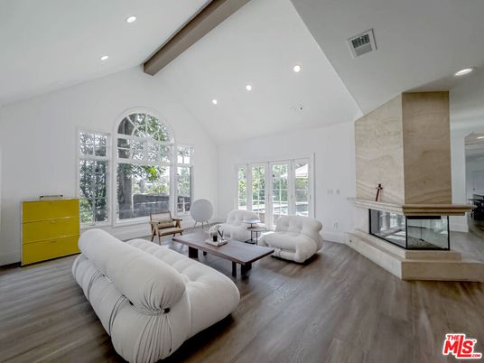 Fireplace, Interior, Living room, Recessed Lighting, Wooden Beams, Wood Texture Flooring