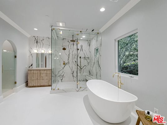 Bathroom, Free Standing Baths, Glass Shower, Interior, Marble Walls, Recessed Lighting