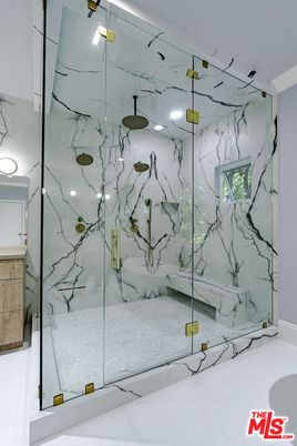 Bathroom, Glass Shower, Interior, Marble Walls, Recessed Lighting