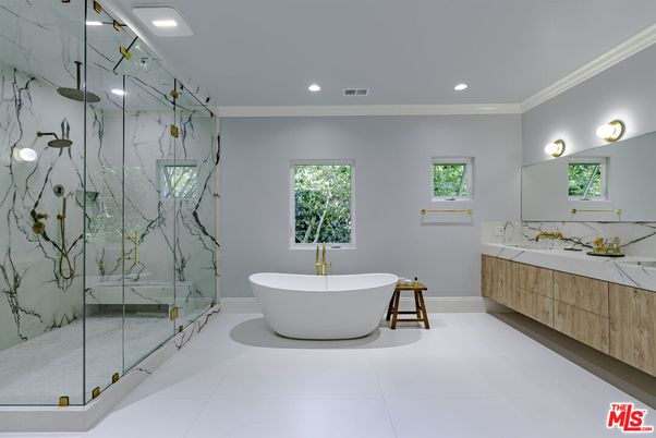 Bathroom, Dual Sink Vanities, Free Standing Baths, Glass Shower, Interior, Marble Walls, Recessed Lighting