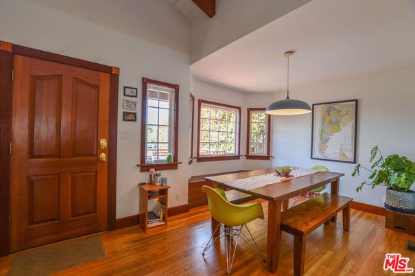 Dining room, Interior, Pendant Lights, Wooden Beams, Wood Texture Flooring