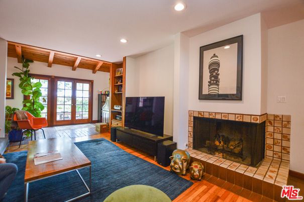 Fireplace, Interior, Living room, Recessed Lighting, Wooden Beams, Wooden Ceilings, Wood Texture Flooring