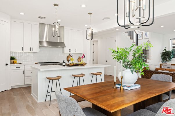 Dining room, Interior, Kitchen, Pendant Lights, Recessed Lighting, Stainless Steel Appliances, Wood Texture Flooring