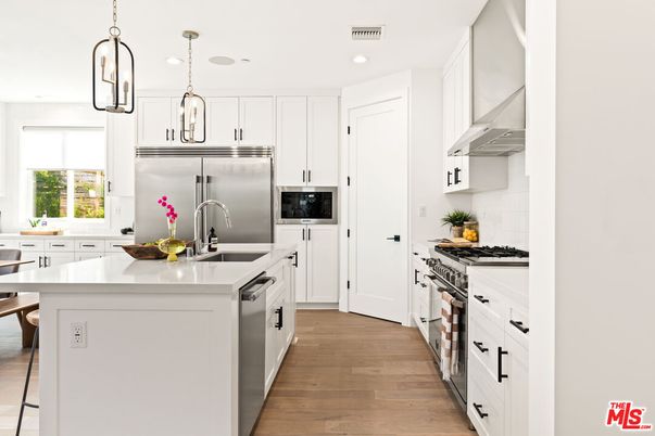 Interior, Kitchen, Pendant Lights, Recessed Lighting, Stainless Steel Appliances, Wood Texture Flooring