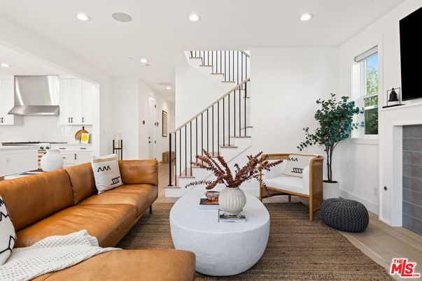 Fireplace, Interior, Kitchen, Living room, Recessed Lighting, Wood Texture Flooring