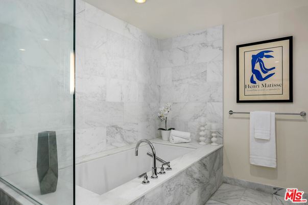 Bathroom, Glass Shower, Interior, Marble, Marble Walls, Recessed Lighting