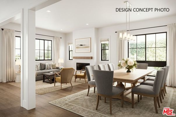 Chandelier, Dining room, Fireplace, Interior, Living room, Pendant Lights, Recessed Lighting, Wood Texture Flooring