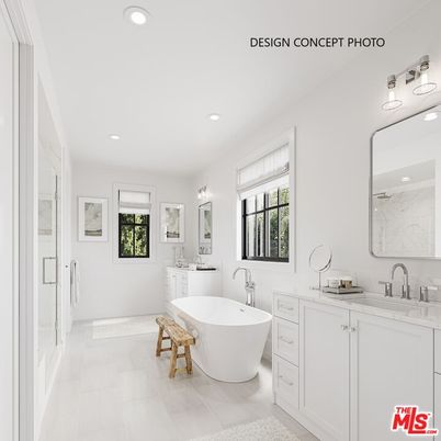 Bathroom, Dual Sink Vanities, Free Standing Baths, Interior, Marble Walls, Recessed Lighting