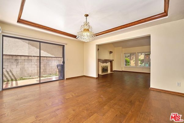 Chandelier, Empty room, Fireplace, Interior, Wood Texture Flooring