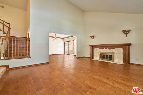 Empty room, Fireplace, Interior, Pendant Lights, Wood Texture Flooring