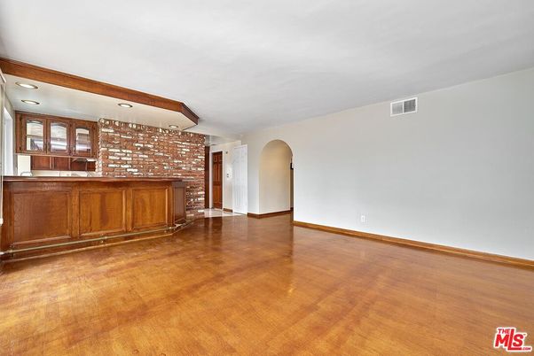 Empty room, Interior, Recessed Lighting, Stone Walls, Wooden Beams, Wood Texture Flooring