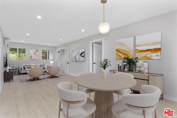 Dining room, Interior, Living room, Pendant Lights, Recessed Lighting, Wood Texture Flooring