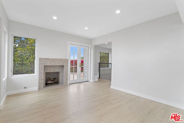 Empty room, Fireplace, Interior, Recessed Lighting, Wood Texture Flooring