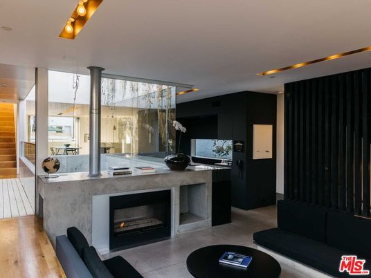 Fireplace, Interior, Kitchen, Living room, Recessed Lighting, Wood Texture Flooring