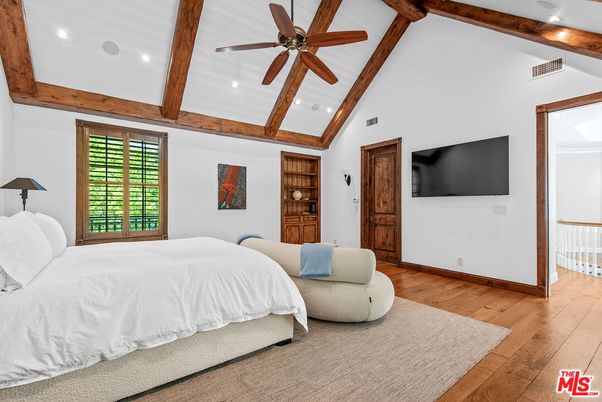 Bedroom, Interior, Recessed Lighting, Wooden Beams, Wood Texture Flooring