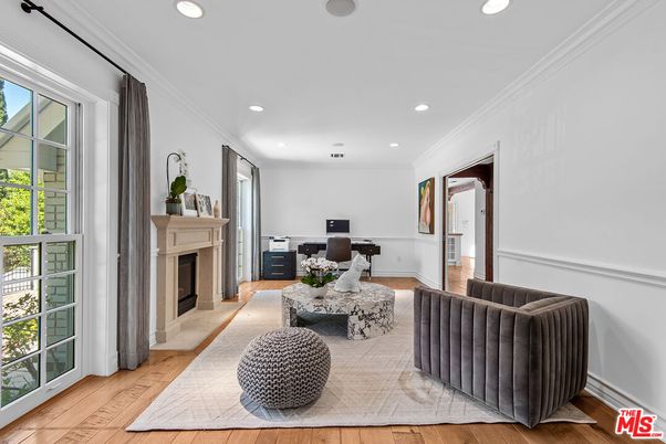 Fireplace, Home Office, Interior, Recessed Lighting, Wood Texture Flooring