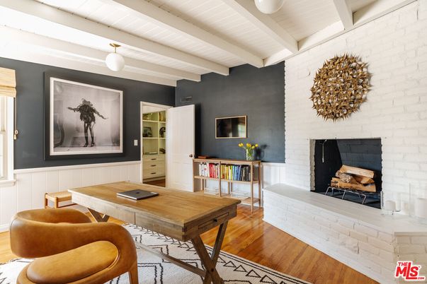 Fireplace, Home Office, Interior, Stone Walls, Wood Texture Flooring