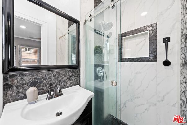 Bathroom, Glass Shower, Interior, Marble Walls, Recessed Lighting