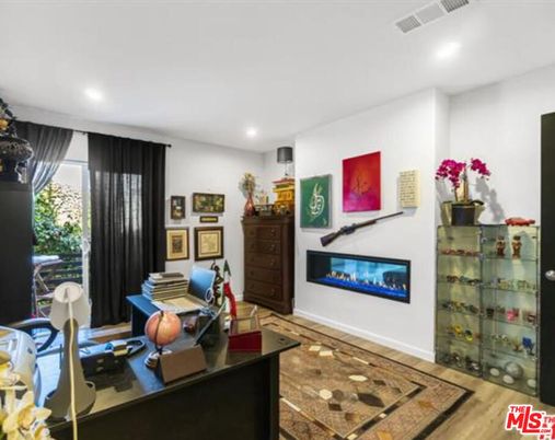 Fireplace, Home Office, Interior, Recessed Lighting, Wood Texture Flooring