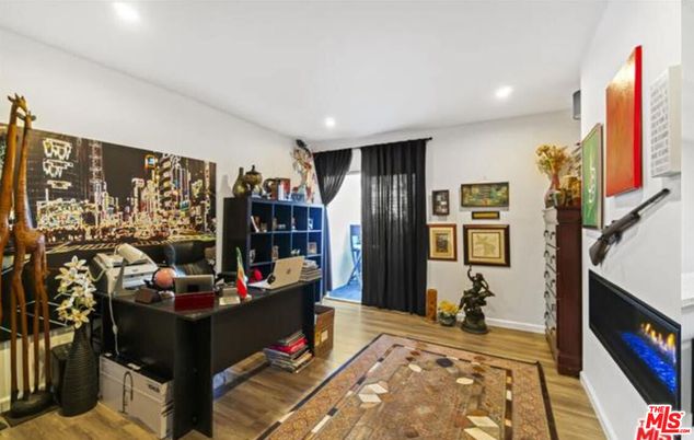 Fireplace, Home Office, Interior, Recessed Lighting, Wood Texture Flooring