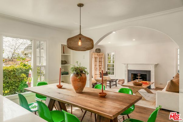 Dining room, Fireplace, Interior, Living room, Pendant Lights, Recessed Lighting, Wood Texture Flooring