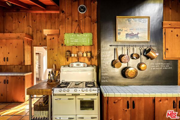 Interior, Kitchen, Tile Countertops, Wooden Walls