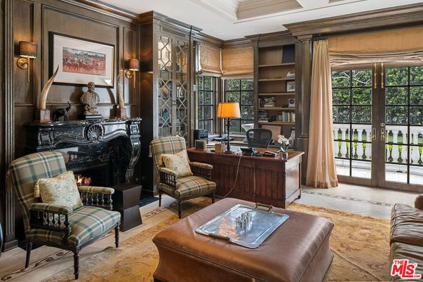 Fireplace, Home Office, Interior, Living room, Wooden Walls