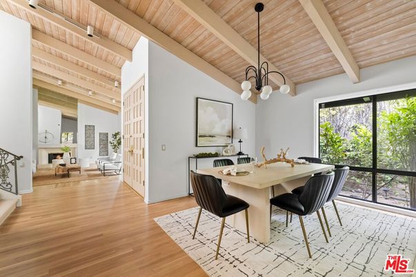 Chandelier, Dining room, Fireplace, Interior, Pendant Lights, Wooden Beams, Wooden Ceilings, Wood Texture Flooring