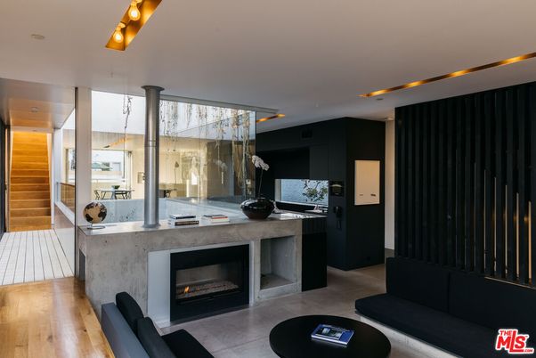 Fireplace, Interior, Kitchen, Living room, Recessed Lighting, Wood Texture Flooring