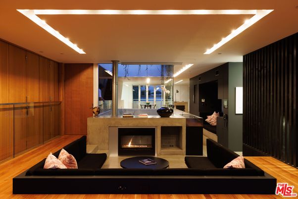 Fireplace, Interior, Living room, Recessed Lighting, Wood Texture Flooring