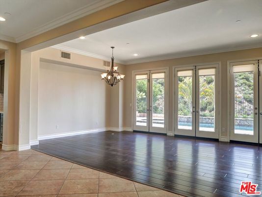 Chandelier, Empty room, Interior, Recessed Lighting, Wood Texture Flooring