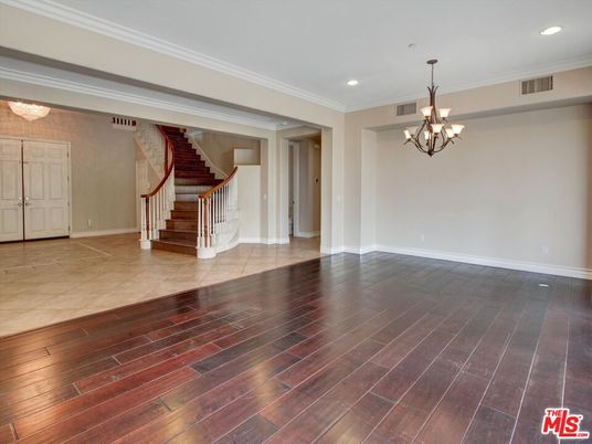 Chandelier, Empty room, Interior, Recessed Lighting, Wood Texture Flooring