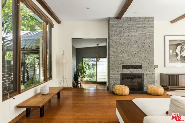 Fireplace, Interior, Pendant Lights, Stone Walls, Wood Texture Flooring