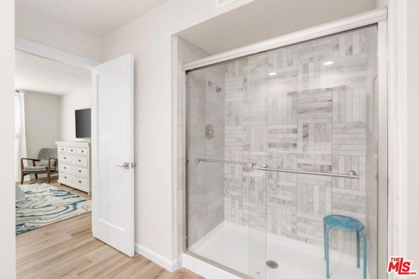 Bathroom, Glass Shower, Interior, Wood Texture Flooring