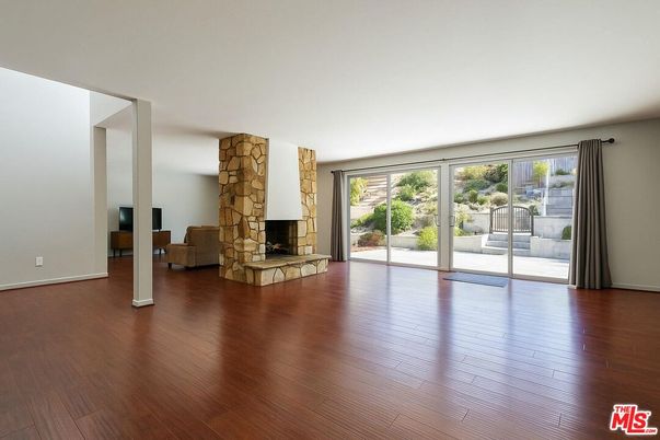 Empty room, Fireplace, Interior, Stone Walls, Wood Texture Flooring
